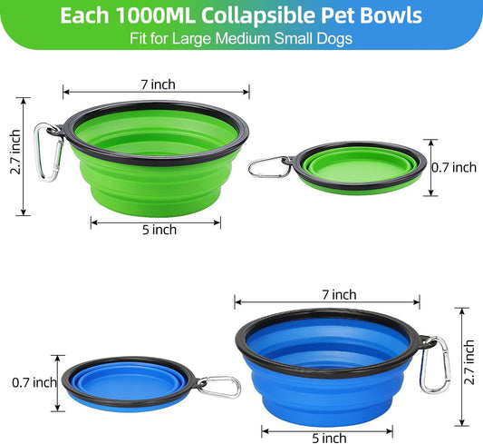 Collapsible Dog Bowls 2-Pack (34oz) – Portable Foldable Pet Travel Bowls with Clasp for Food & Water – Kytely (Blue & Green)