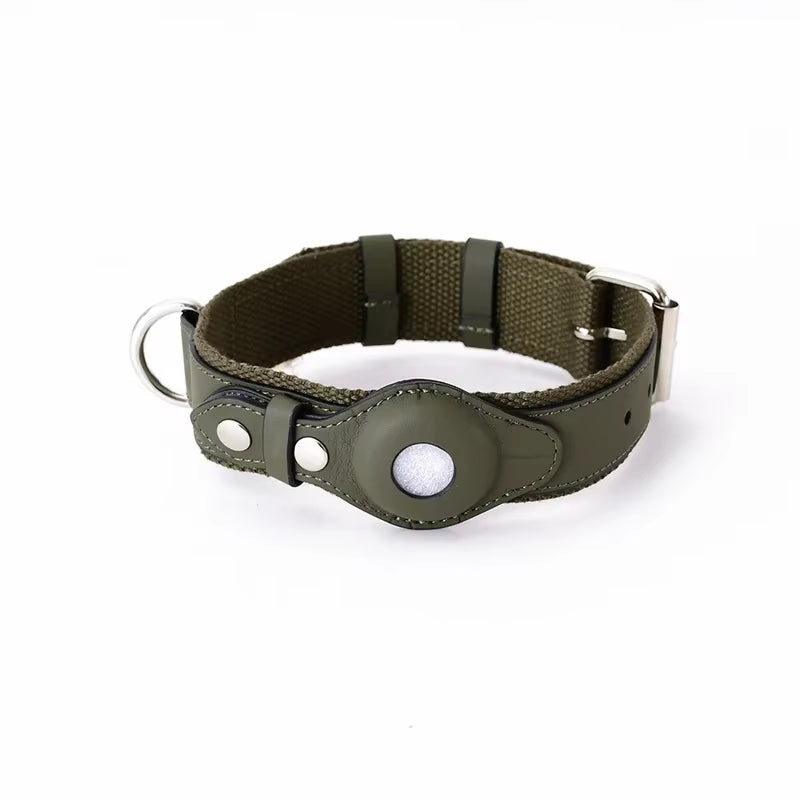 Luxury Leather Dog Collar with AirTag Holder – Adjustable & Anti-Lost