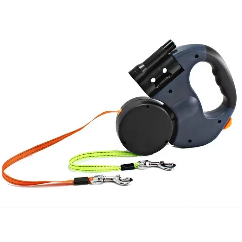 LED Retractable Double Dog Leash – 3M Tangle-Free with Waste Bag Holder