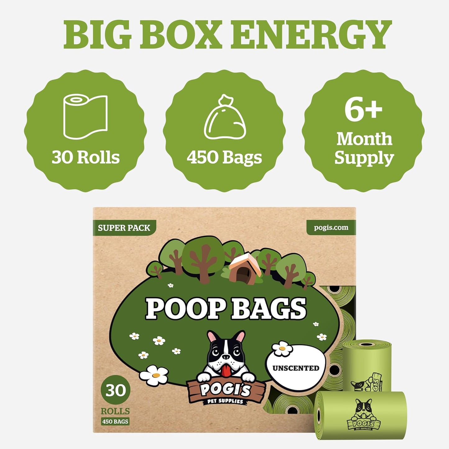 Pogi’s Dog Poop Bags – Extra Thick, Leak-Proof Pet Waste Bags (Unscented, 450 Count – 30 Rolls)