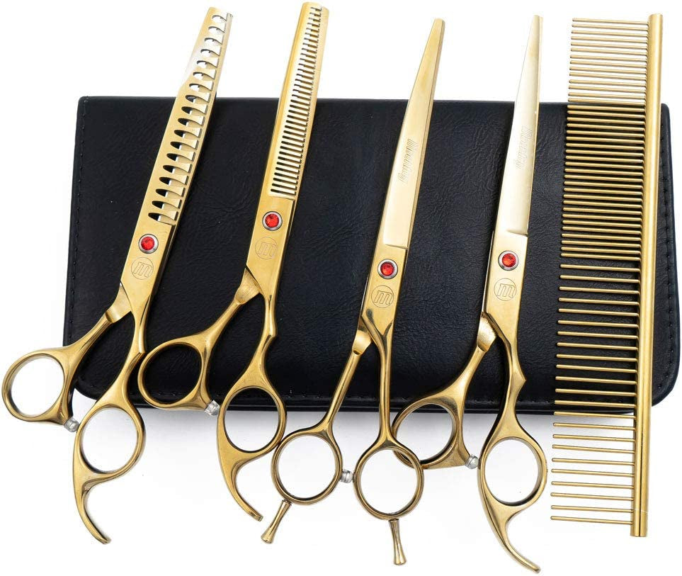 Professional Dog Grooming Scissors Set – 7"/8" Chunkers, Curved, Straight & Thinning Shears + Grooming Comb – Japanese 440C Steel, Ergonomic Design