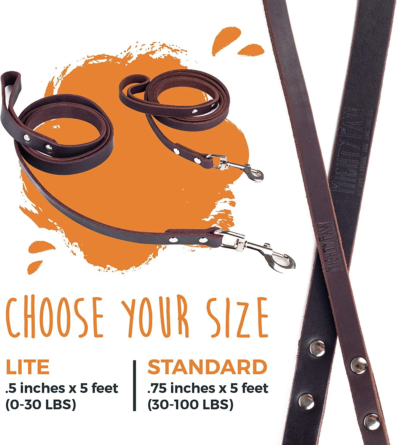 Leather Dog Leash – 100% Genuine Distressed Cowhide, Heavy-Duty for All Pet Sizes, Soft & Stylish Design – Mighty Paw
