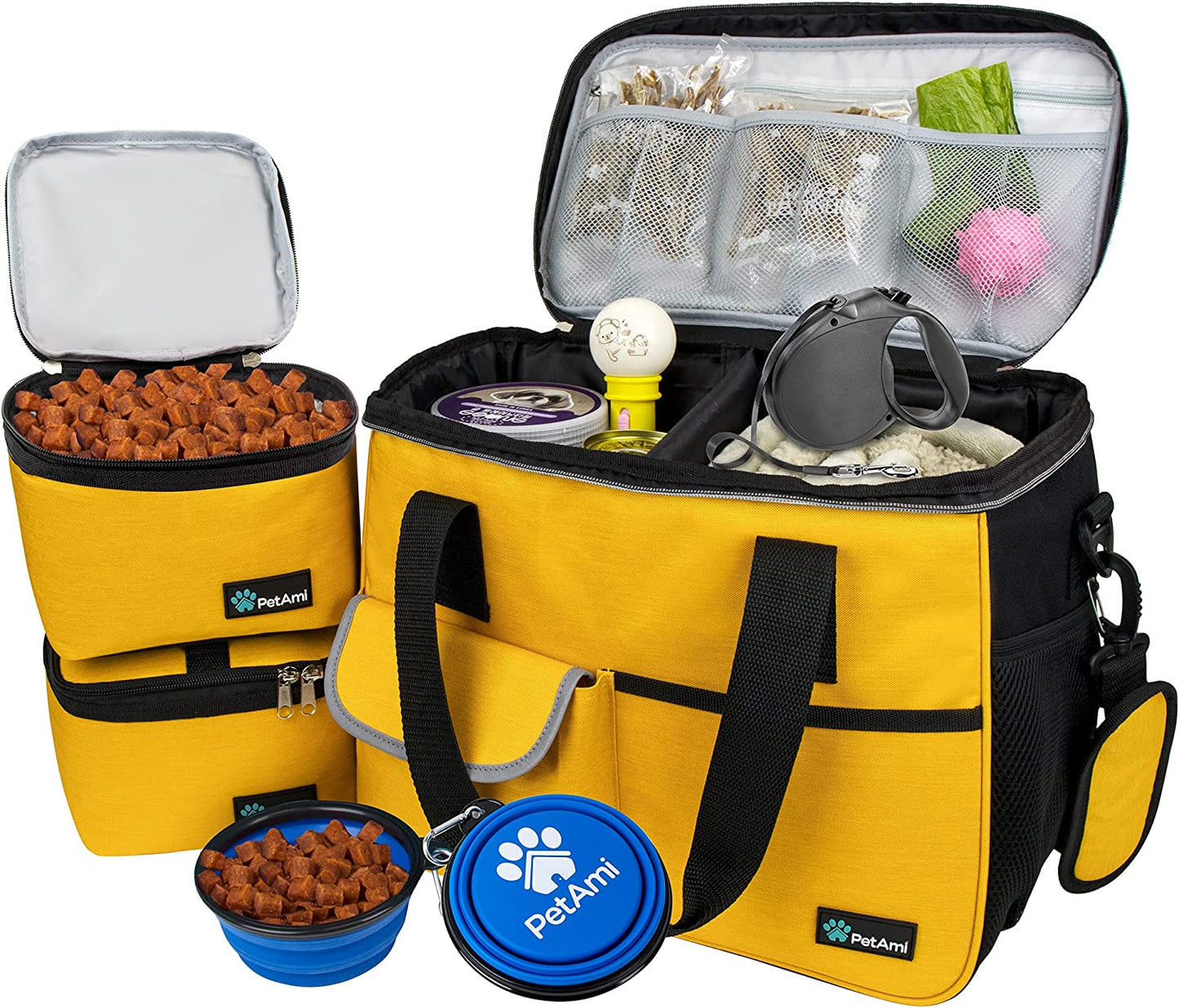 Dog Travel Bag – Airline Approved Pet Organizer with 2 Food Containers & 2 Collapsible Bowls, Large Capacity for Camping, Hiking & Weekend Trips (Yellow, Medium)