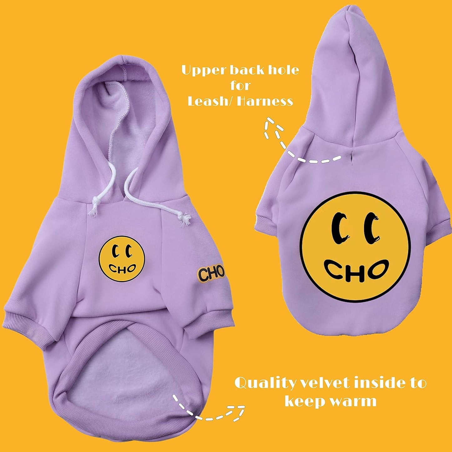 Smiley Face Dog Hoodie – Warm Cotton Sweatshirt with Velvet Lining for Small, Medium & Large Dogs – Leash Hole, Street Style Pet Outfit (Purple, M)