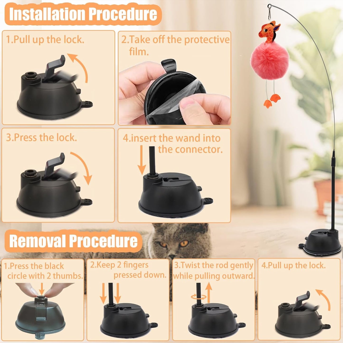4-in-1 Interactive Cat Toy Set – Suction Cup Wand, Hanging Toys, Fishing Pole Wand & Balls with Replaceable Feathers, Worms & Plush Animals for Indoor Exercise & Boredom Relief