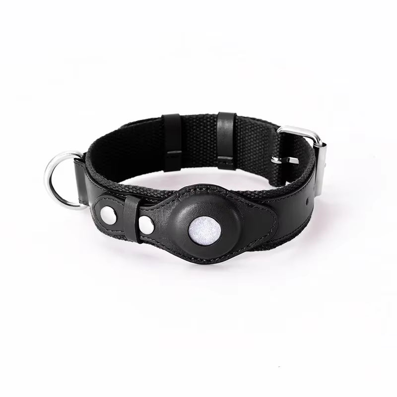 Luxury Leather Dog Collar with AirTag Holder – Adjustable & Anti-Lost