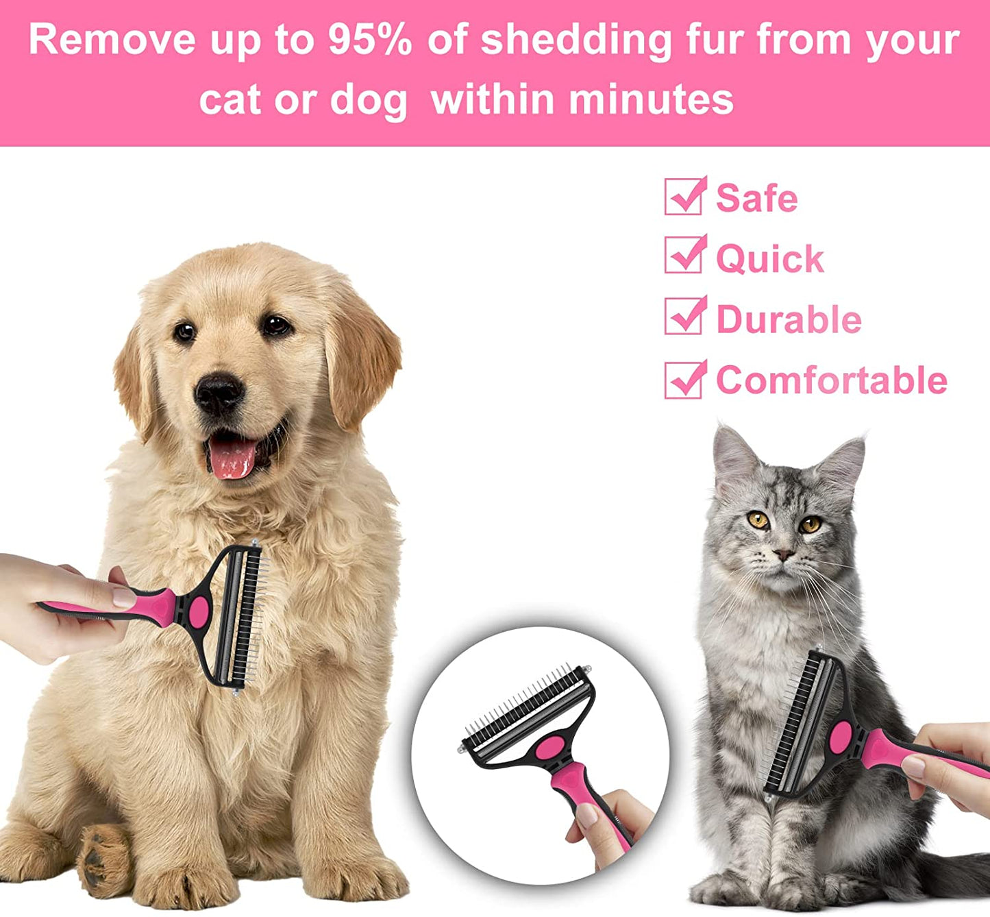 2-in-1 Dog & Cat Grooming Brush – Undercoat Rake & Deshedding Comb – Removes Mats, Tangles & Loose Fur – For Long & Short Hair Pets