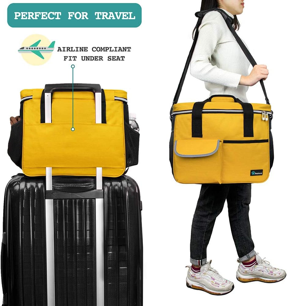 Dog Travel Bag – Airline Approved Pet Organizer with 2 Food Containers & 2 Collapsible Bowls, Large Capacity for Camping, Hiking & Weekend Trips (Yellow, Medium)