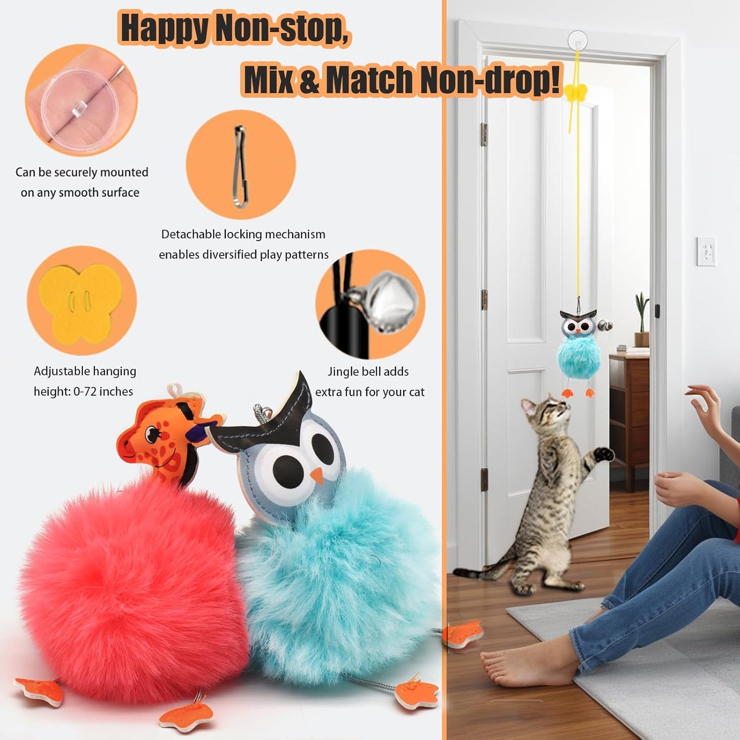 4-in-1 Interactive Cat Toy Set – Suction Cup Wand, Hanging Toys, Fishing Pole Wand & Balls with Replaceable Feathers, Worms & Plush Animals for Indoor Exercise & Boredom Relief