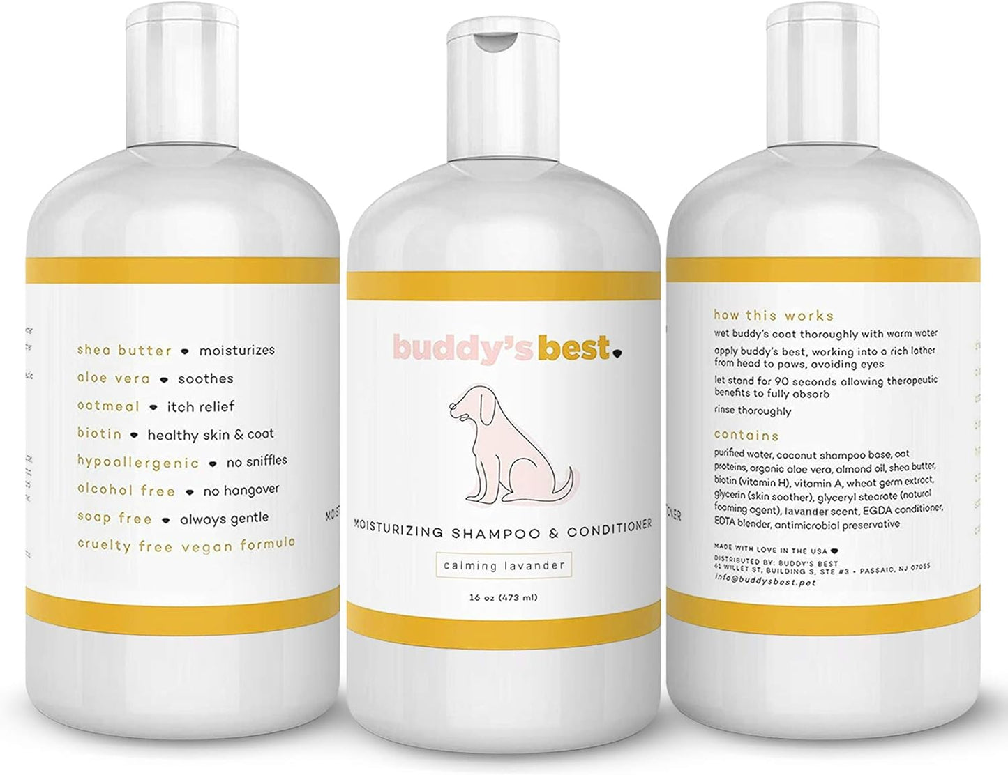 Buddy’s Best Oatmeal Dog Shampoo & Conditioner – Hypoallergenic, Lavender Scent, Moisturizing for Sensitive Skin – 16 oz