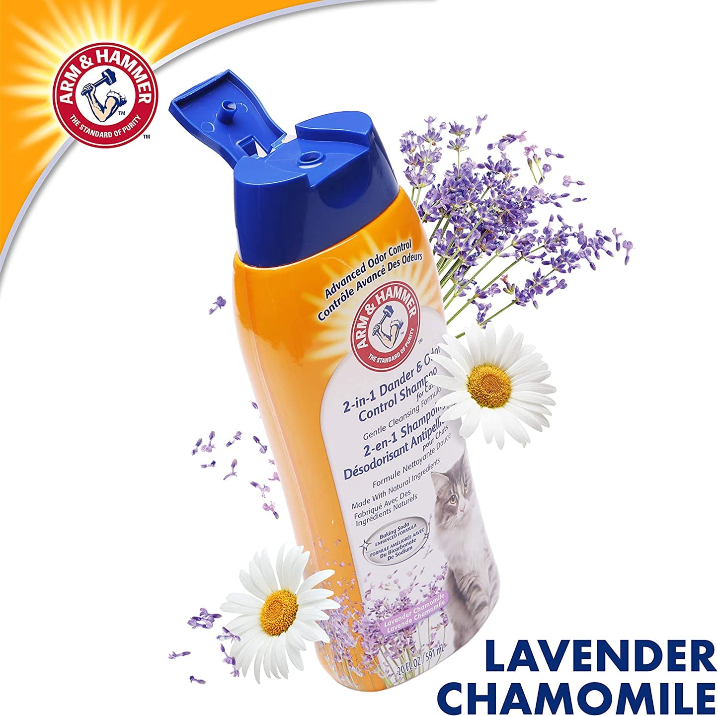 Arm & Hammer 2-in-1 Cat Shampoo – Dander & Odor Control with Baking Soda, Lavender Chamomile – 20 fl oz