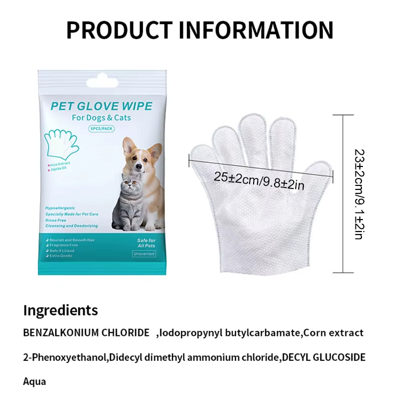 6PCS Pet Wash-Free Cleaning Gloves – Disposable Bath & Deodorizing Wipes