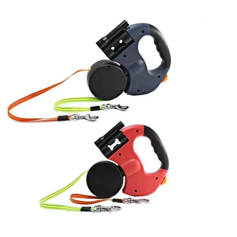 LED Retractable Double Dog Leash – 3M Tangle-Free with Waste Bag Holder