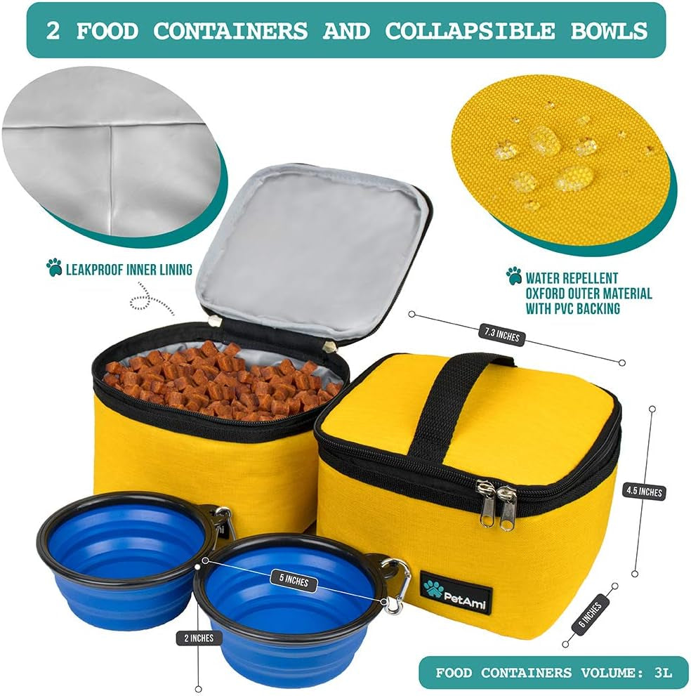 Dog Travel Bag – Airline Approved Pet Organizer with 2 Food Containers & 2 Collapsible Bowls, Large Capacity for Camping, Hiking & Weekend Trips (Yellow, Medium)