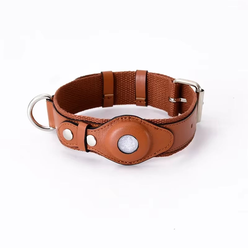 Luxury Leather Dog Collar with AirTag Holder – Adjustable & Anti-Lost