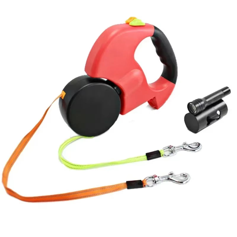 LED Retractable Double Dog Leash – 3M Tangle-Free with Waste Bag Holder