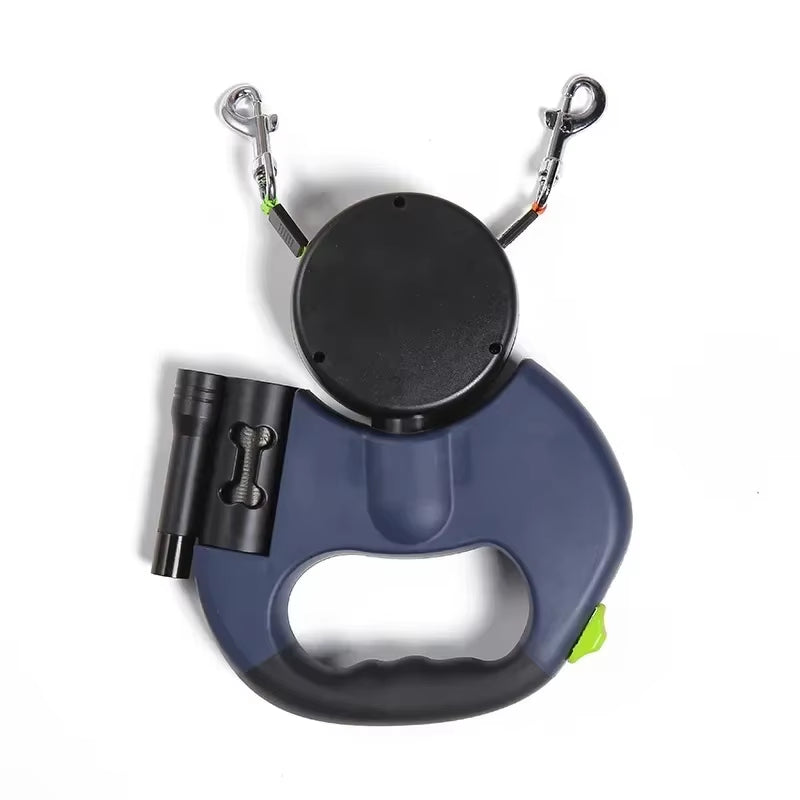 LED Retractable Double Dog Leash – 3M Tangle-Free with Waste Bag Holder