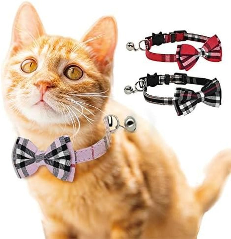 2-Pack Adjustable Plaid Cat Collars with Bow Tie & Bell – Breakaway Safety Buckle for Cats & Small Dogs (Black + Red, 7.8–10.5 in)
