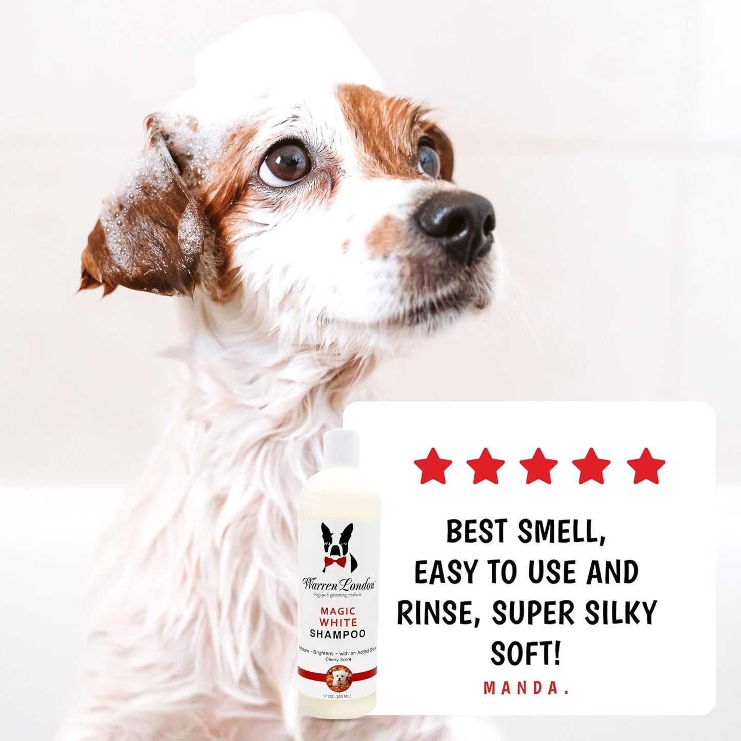 Warren London Magic White Dog Shampoo – Whitening for White & Light Coats – Safe for Dogs, Puppies & Cats – Cherry Scent – 17 oz – Made in USA