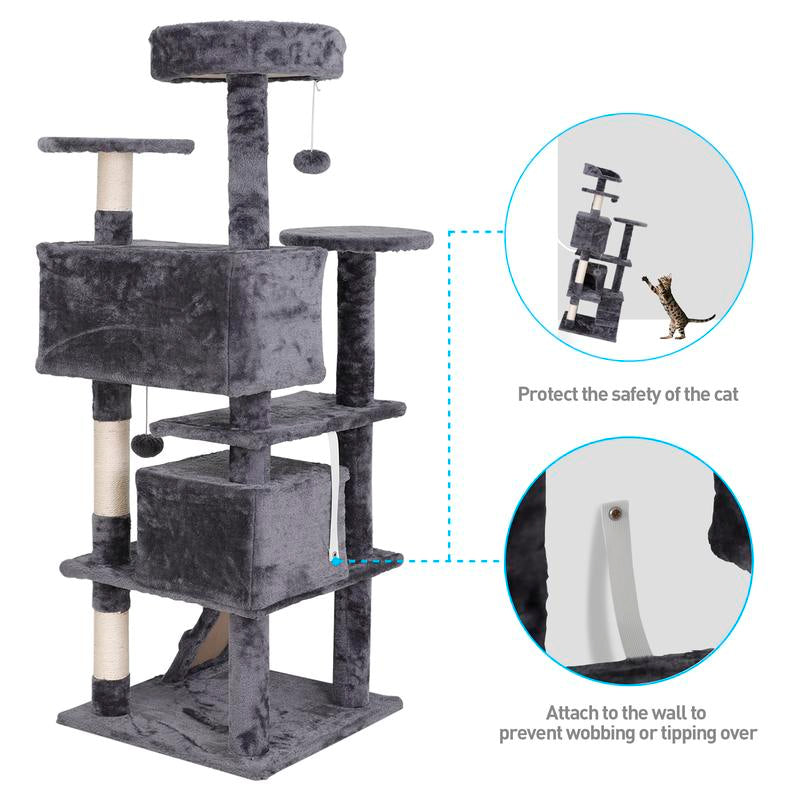 Segawe 55" Cat Tree Condo – Multi-Level Tower with Plush Perches, Sisal Scratching Posts, 2 Hideaways & Hanging Toys