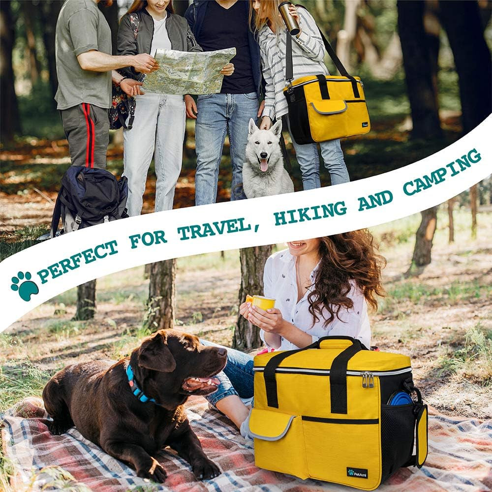 Dog Travel Bag – Airline Approved Pet Organizer with 2 Food Containers & 2 Collapsible Bowls, Large Capacity for Camping, Hiking & Weekend Trips (Yellow, Medium)