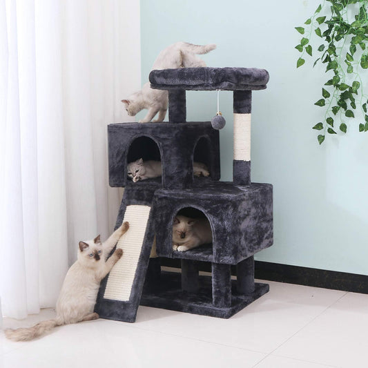 Cat Tree Condo with Sisal Scratching Posts & Board – Plush Perch, Dual Houses & Activity Center for Kittens & Cats – Grey