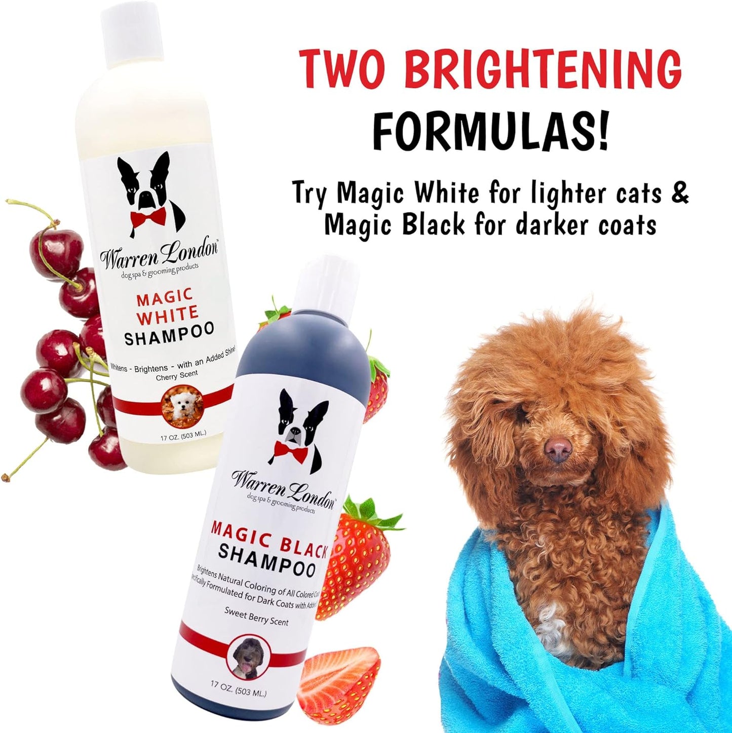 Warren London Magic White Dog Shampoo – Whitening for White & Light Coats – Safe for Dogs, Puppies & Cats – Cherry Scent – 17 oz – Made in USA