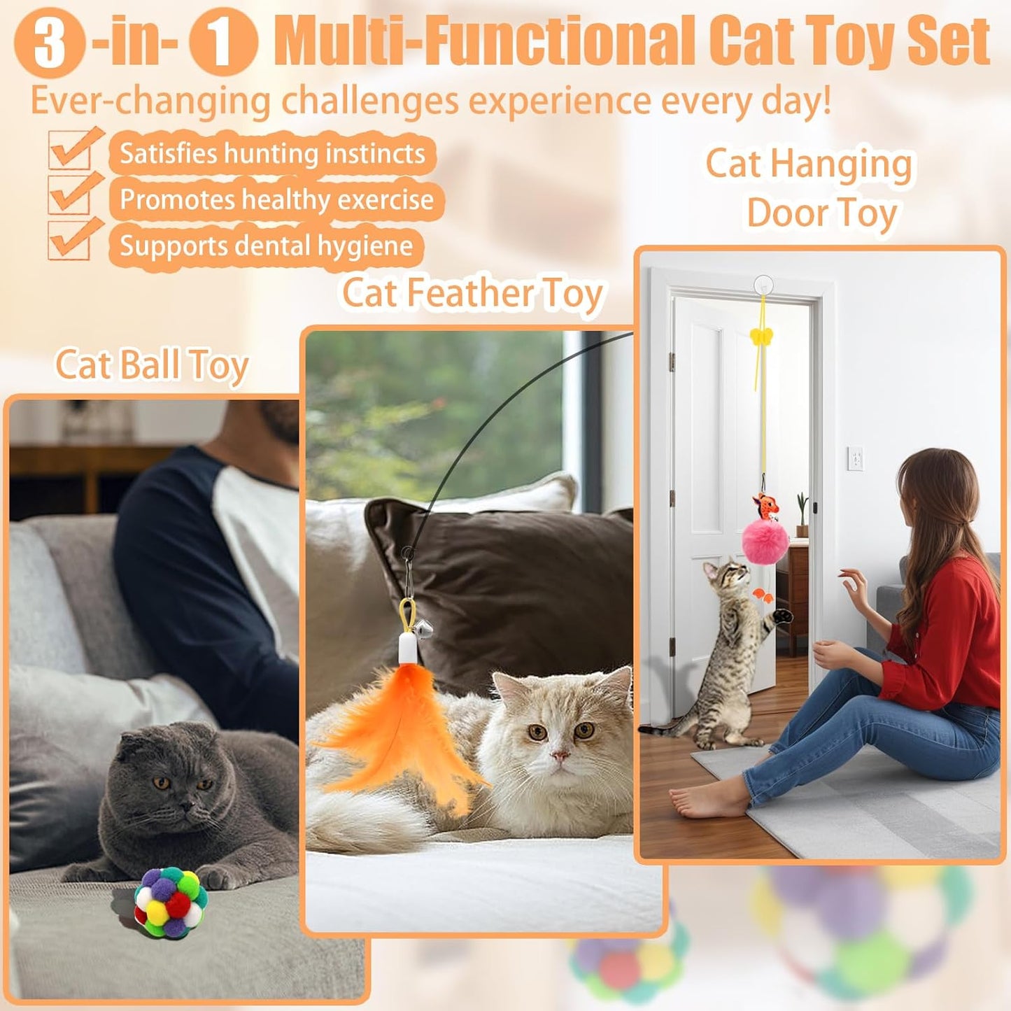 4-in-1 Interactive Cat Toy Set – Suction Cup Wand, Hanging Toys, Fishing Pole Wand & Balls with Replaceable Feathers, Worms & Plush Animals for Indoor Exercise & Boredom Relief