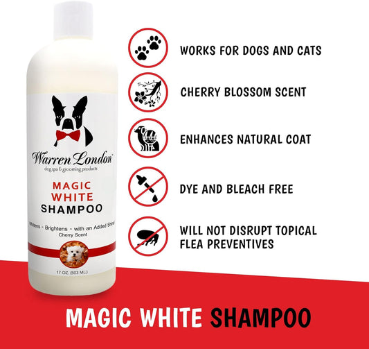 Warren London Magic White Dog Shampoo – Whitening for White & Light Coats – Safe for Dogs, Puppies & Cats – Cherry Scent – 17 oz – Made in USA