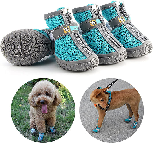 Dog Hiking Boots – Paw Protector with Anti-Slip Sole, Breathable, Adjustable (Blue, Size 4, 4-Pack)
