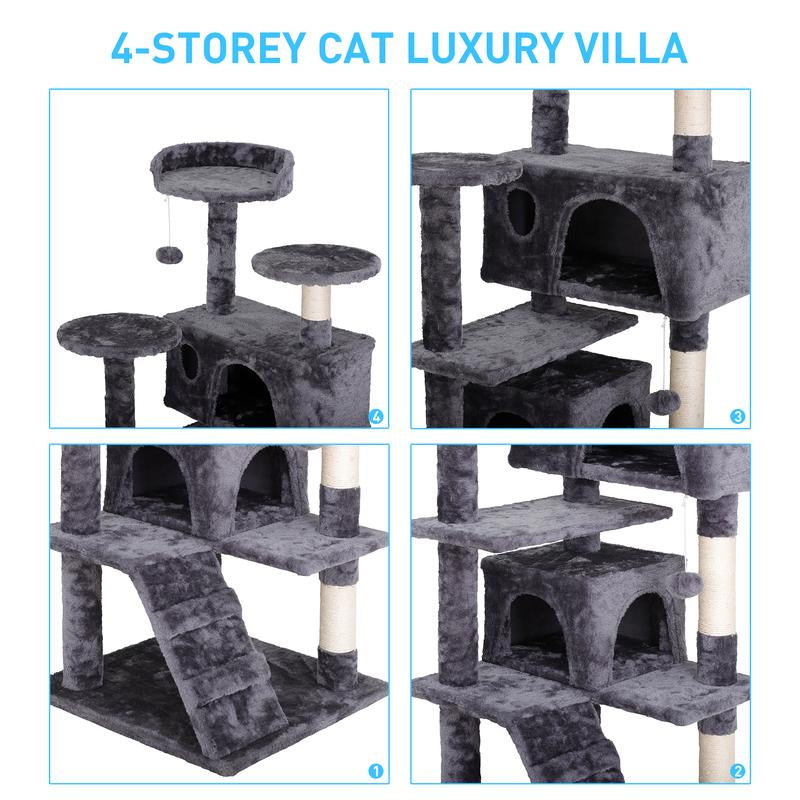 Segawe 55" Cat Tree Condo – Multi-Level Tower with Plush Perches, Sisal Scratching Posts, 2 Hideaways & Hanging Toys
