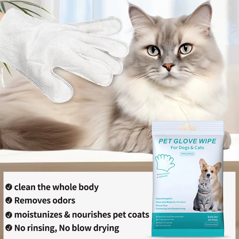 6PCS Pet Wash-Free Cleaning Gloves – Disposable Bath & Deodorizing Wipes