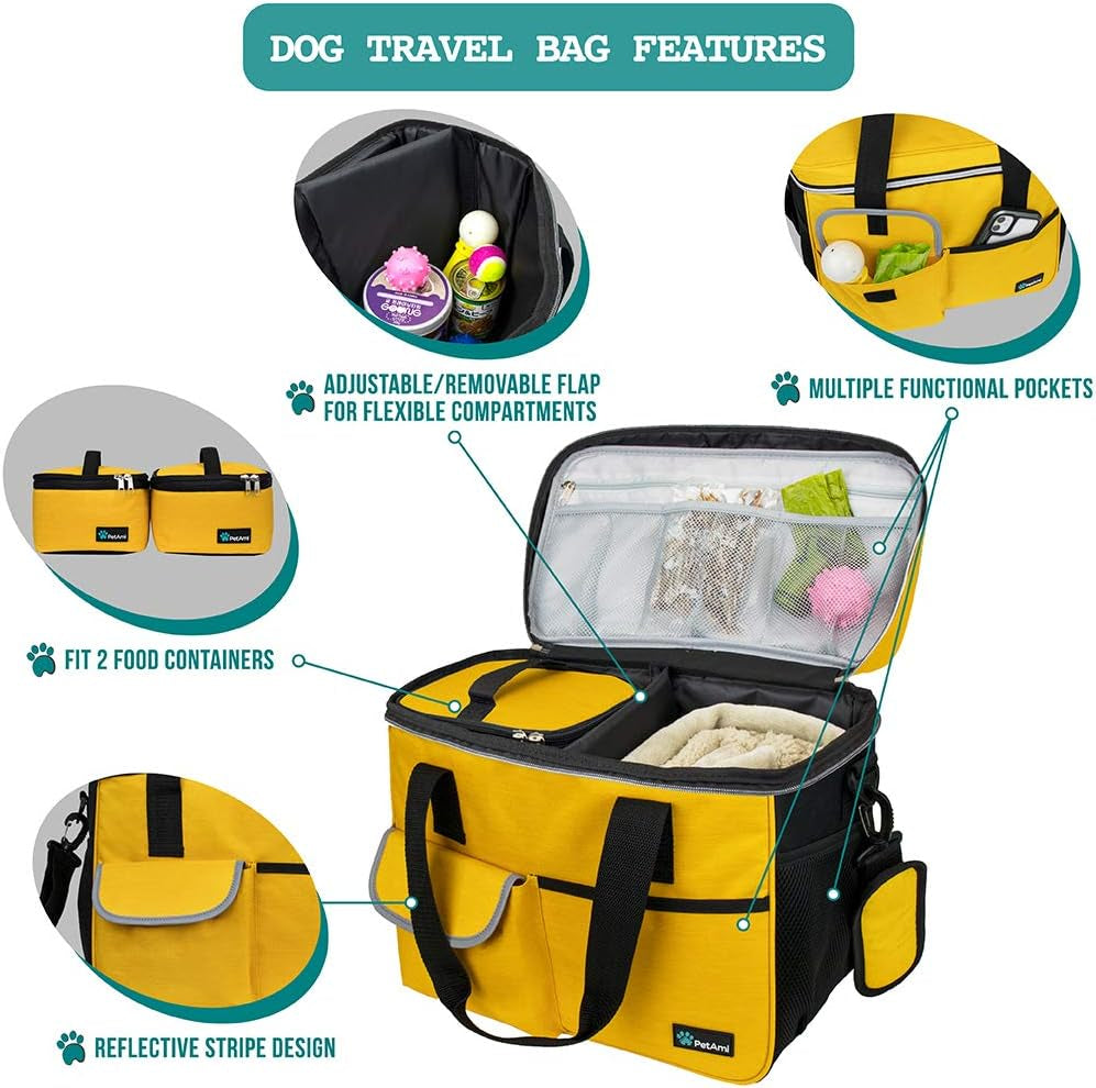 Dog Travel Bag – Airline Approved Pet Organizer with 2 Food Containers & 2 Collapsible Bowls, Large Capacity for Camping, Hiking & Weekend Trips (Yellow, Medium)