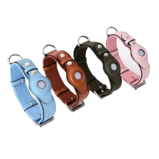 Luxury Leather Dog Collar with AirTag Holder – Adjustable & Anti-Lost