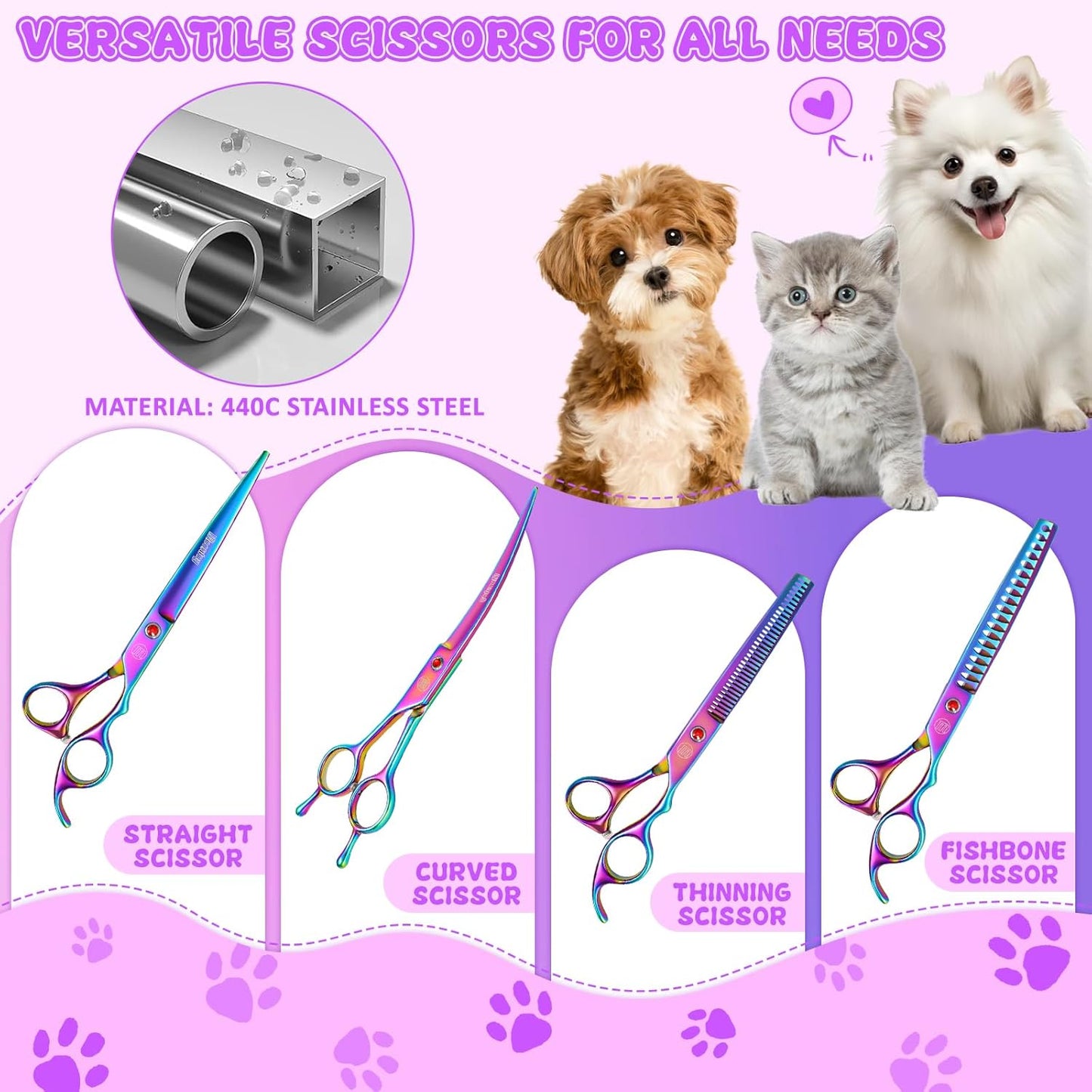 Professional Dog Grooming Scissors Set – 7"/8" Japanese Steel Shears – Straight, Curved, Thinning & Chunkers + Grooming Comb