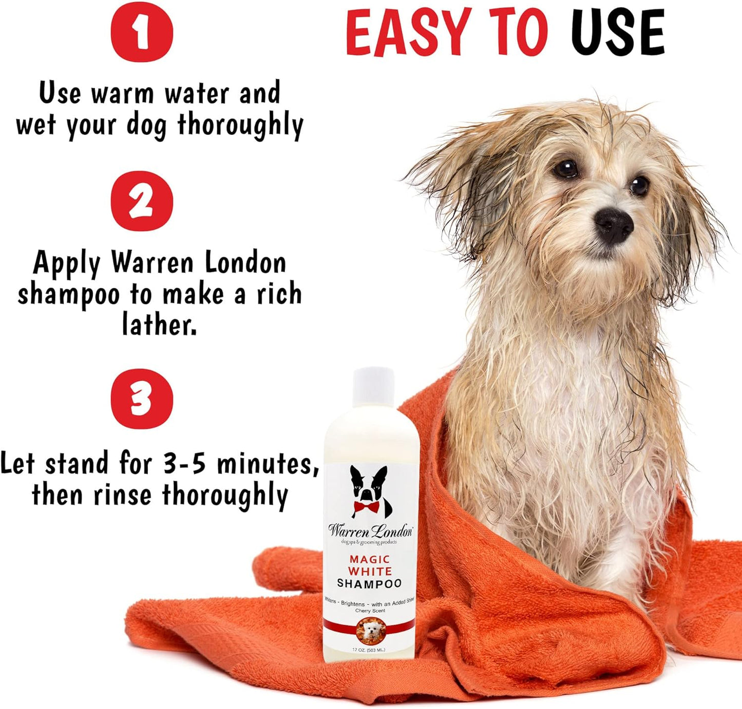Warren London Magic White Dog Shampoo – Whitening for White & Light Coats – Safe for Dogs, Puppies & Cats – Cherry Scent – 17 oz – Made in USA