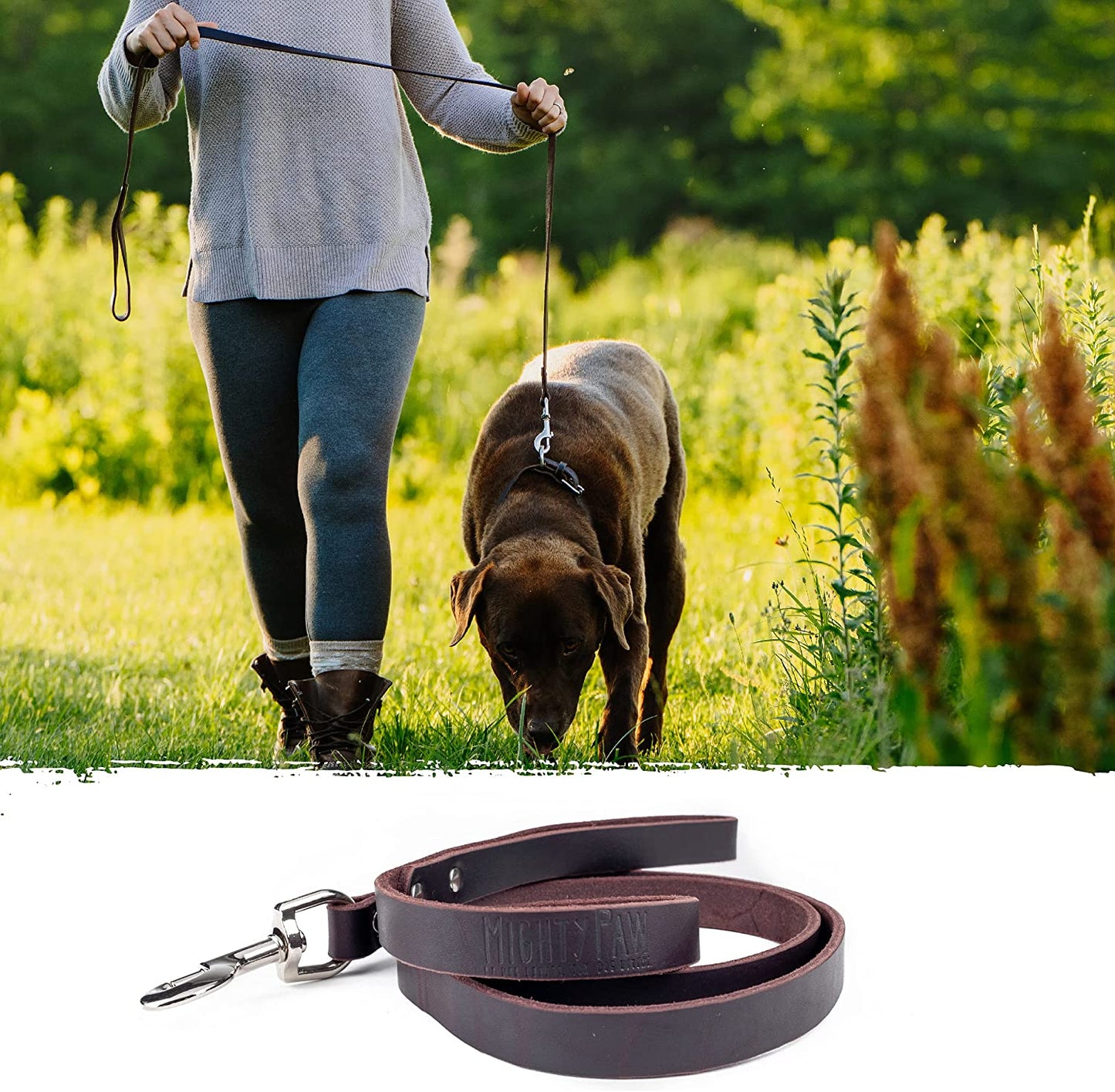 Leather Dog Leash – 100% Genuine Distressed Cowhide, Heavy-Duty for All Pet Sizes, Soft & Stylish Design – Mighty Paw