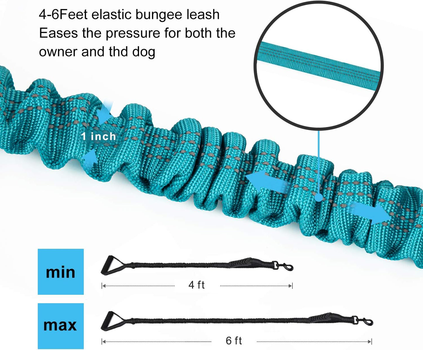 6FT Reflective Bungee Dog Leash – Heavy Duty Shock Absorbing with Dual Padded Handles & Traffic Control Grip – Medium & Large Dogs – Training & Walking