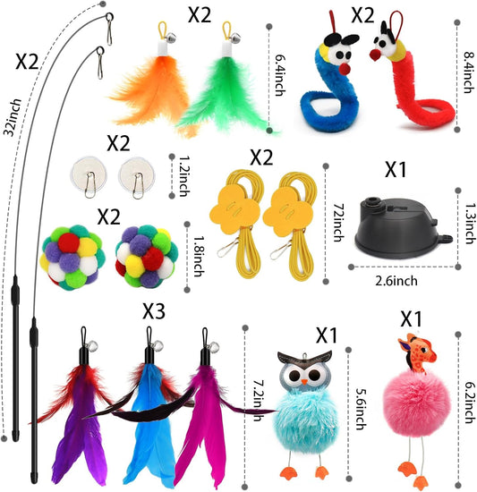 4-in-1 Interactive Cat Toy Set – Suction Cup Wand, Hanging Toys, Fishing Pole Wand & Balls with Replaceable Feathers, Worms & Plush Animals for Indoor Exercise & Boredom Relief
