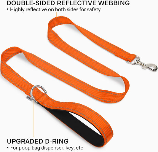 Double-Sided Reflective Dog Leash – 5FT Heavy Duty Nylon with Padded Handle & 360° Swivel Clasp – Medium & Large Dogs – Orange