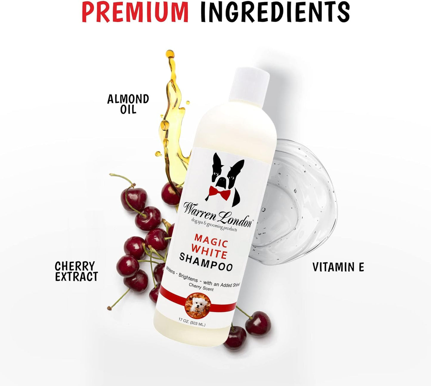 Warren London Magic White Dog Shampoo – Whitening for White & Light Coats – Safe for Dogs, Puppies & Cats – Cherry Scent – 17 oz – Made in USA