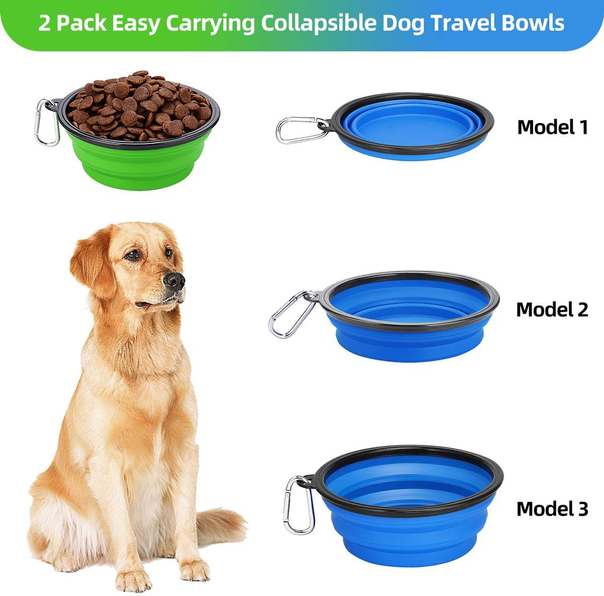 Collapsible Dog Bowls 2-Pack (34oz) – Portable Foldable Pet Travel Bowls with Clasp for Food & Water – Kytely (Blue & Green)