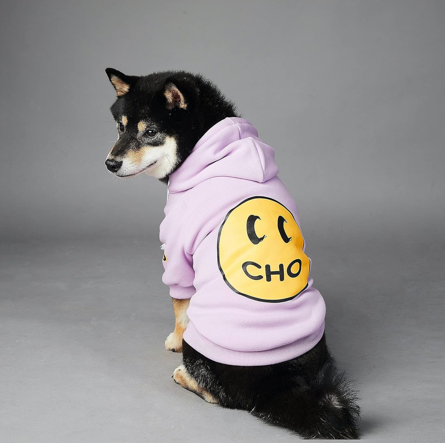 Smiley Face Dog Hoodie – Warm Cotton Sweatshirt with Velvet Lining for Small, Medium & Large Dogs – Leash Hole, Street Style Pet Outfit (Purple, M)