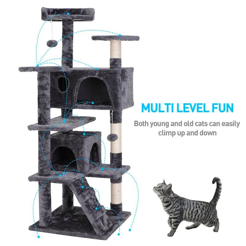 Segawe 55" Cat Tree Condo – Multi-Level Tower with Plush Perches, Sisal Scratching Posts, 2 Hideaways & Hanging Toys