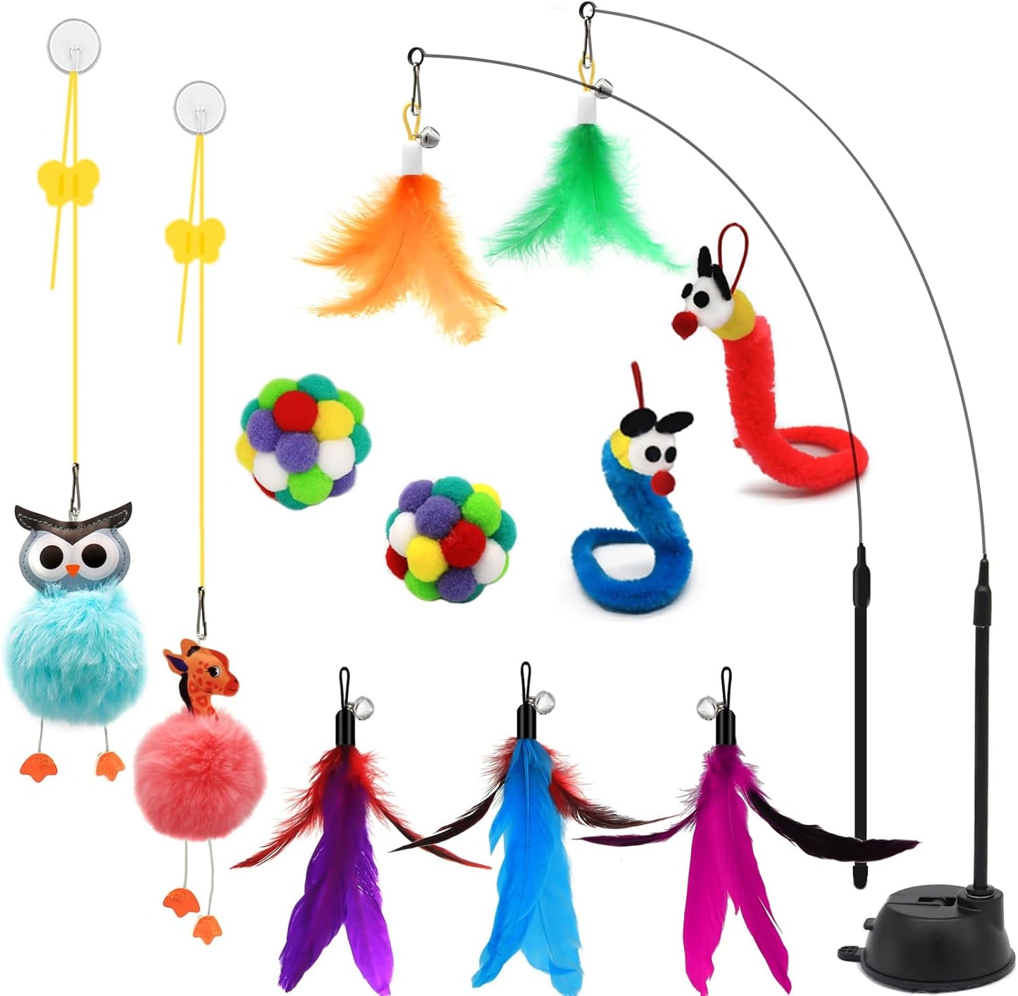 4-in-1 Interactive Cat Toy Set – Suction Cup Wand, Hanging Toys, Fishing Pole Wand & Balls with Replaceable Feathers, Worms & Plush Animals for Indoor Exercise & Boredom Relief