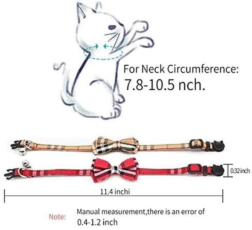 2-Pack Adjustable Plaid Cat Collars with Bow Tie & Bell – Breakaway Safety Buckle for Cats & Small Dogs (Black + Red, 7.8–10.5 in)