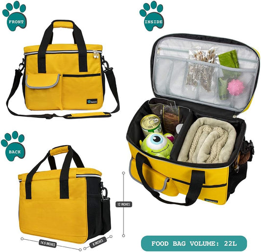 Dog Travel Bag – Airline Approved Pet Organizer with 2 Food Containers & 2 Collapsible Bowls, Large Capacity for Camping, Hiking & Weekend Trips (Yellow, Medium)
