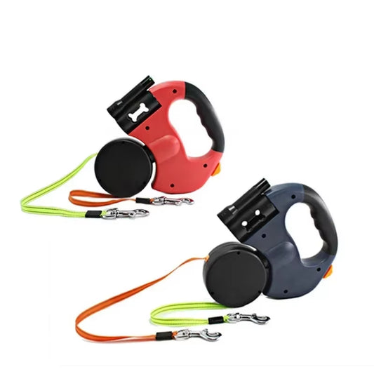 LED Retractable Double Dog Leash – 3M Tangle-Free with Waste Bag Holder