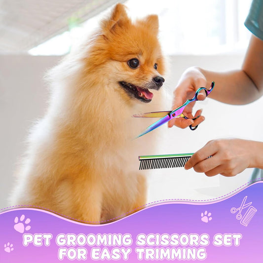Professional Dog Grooming Scissors Set – 7"/8" Japanese Steel Shears – Straight, Curved, Thinning & Chunkers + Grooming Comb