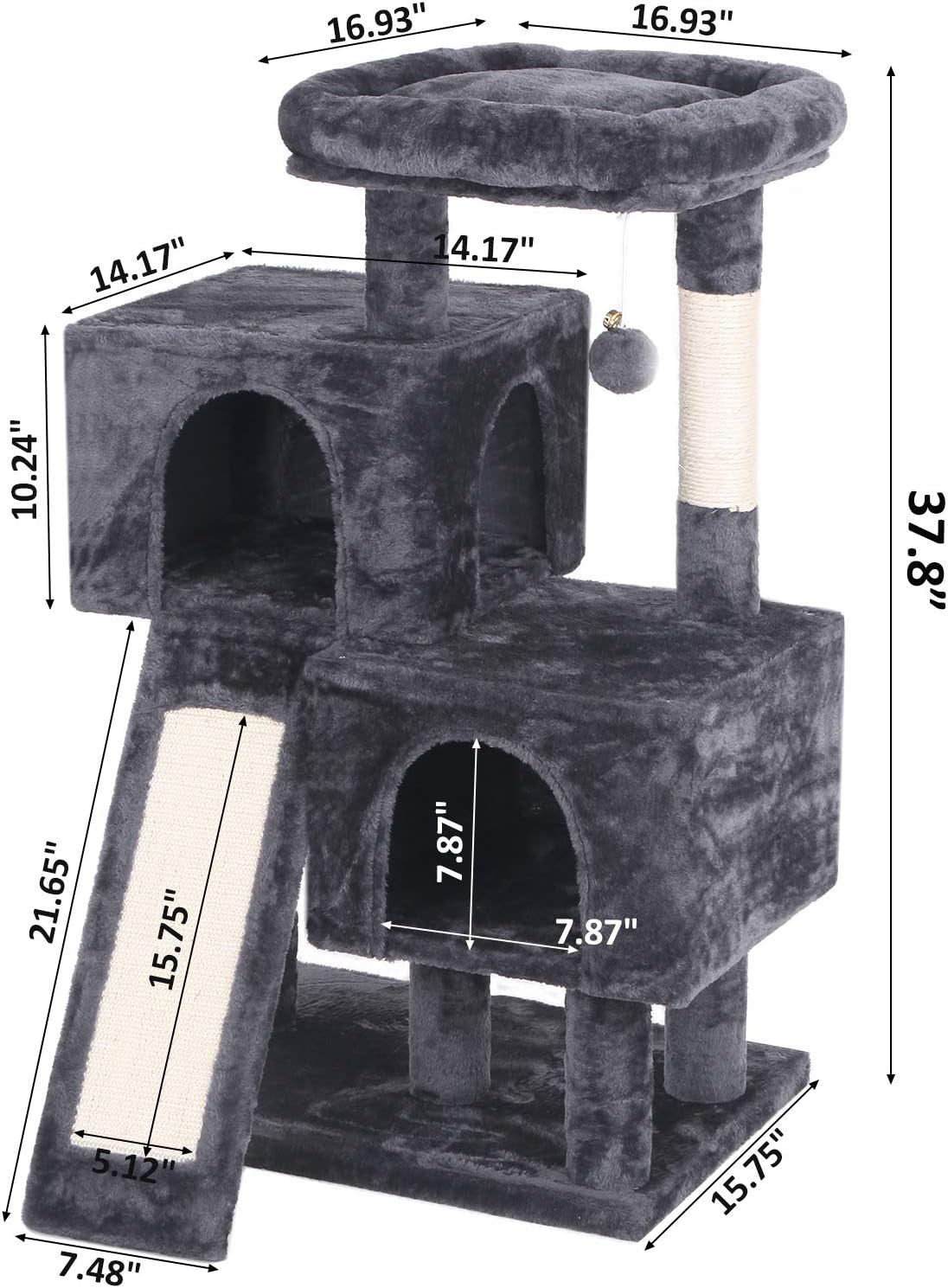 Cat Tree Condo with Sisal Scratching Posts & Board – Plush Perch, Dual Houses & Activity Center for Kittens & Cats – Grey